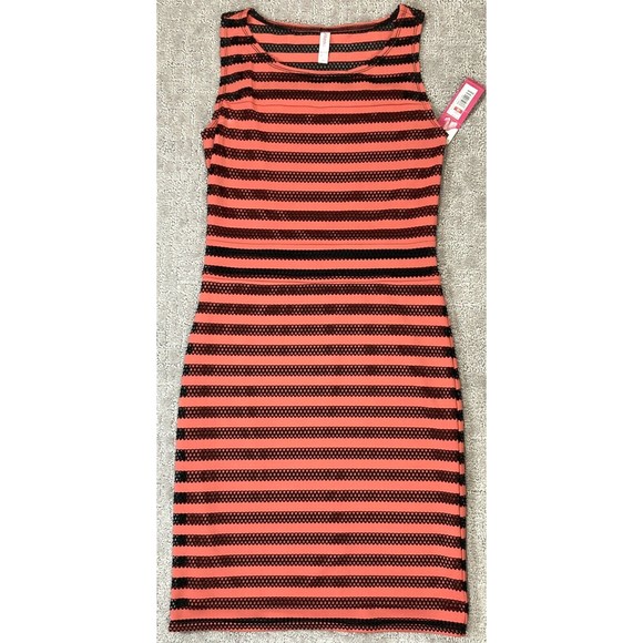 Tank Stripe Bodycon Fishnet Dress Sz X Small Coral Black Lined Indie Fes… - Picture 1 of 8